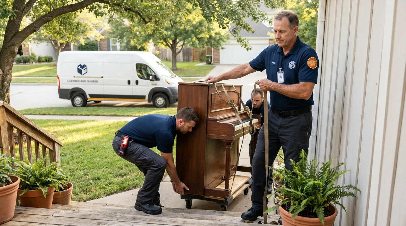 Licensed piano movers securing grand piano in Novi, MI
