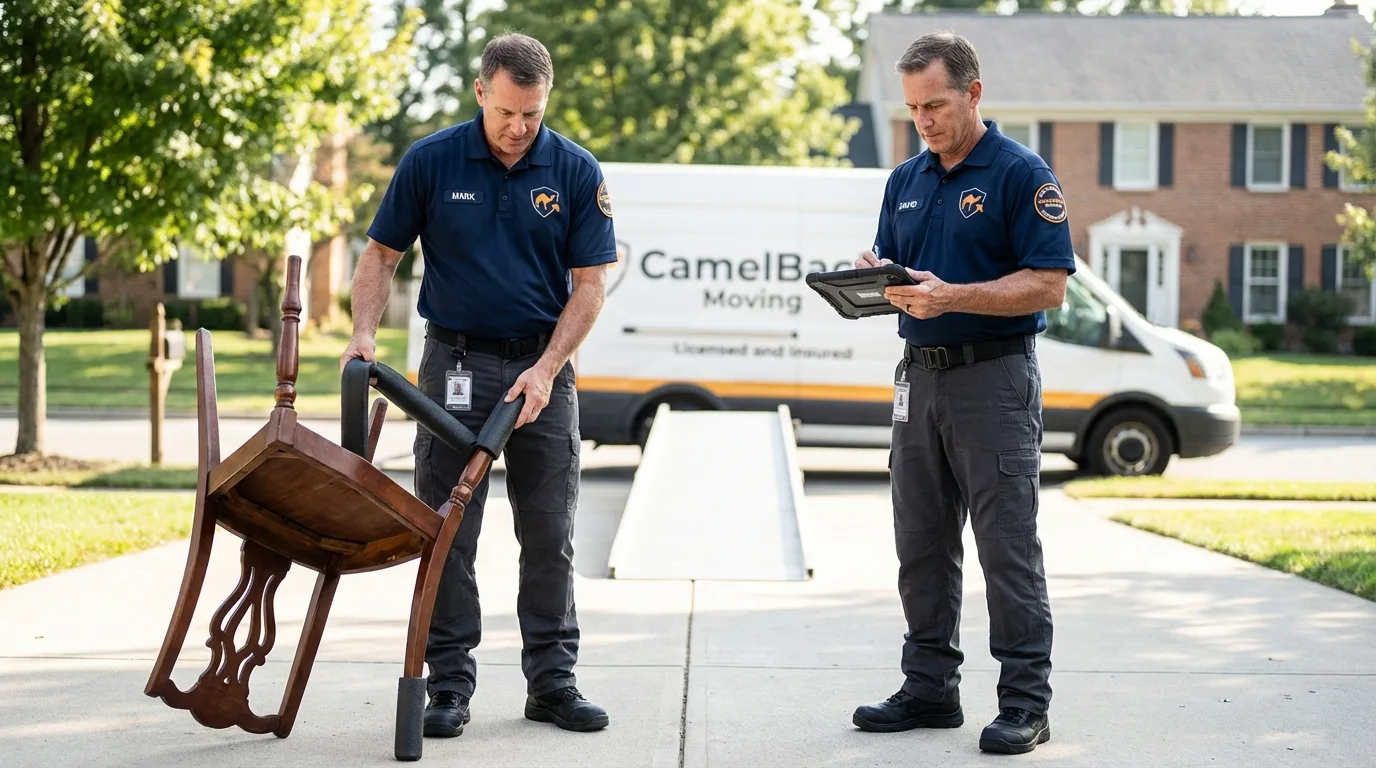 Movers inspecting furniture for damage prevention before loading in Novi, MI